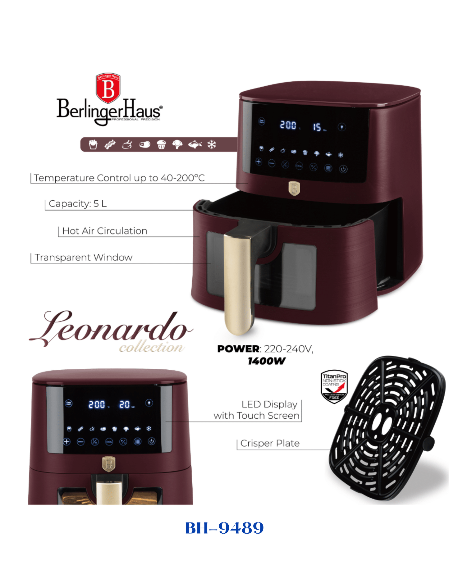 BERLINGER HAUS AIR FRYER 5 L VISIBLE WINDOW