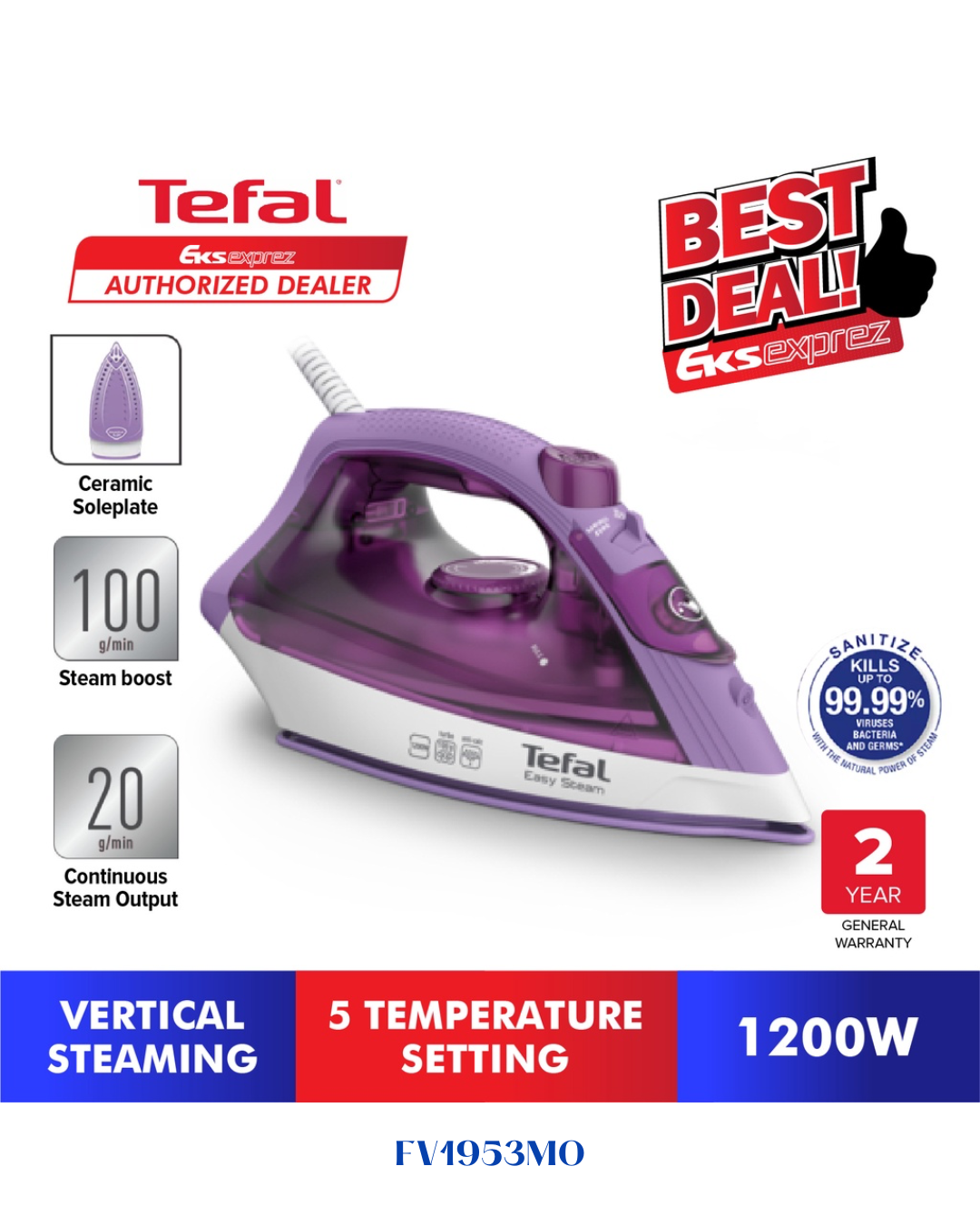 TEFAL EASY STEAM STEAM IRON, 1200W, 220ML