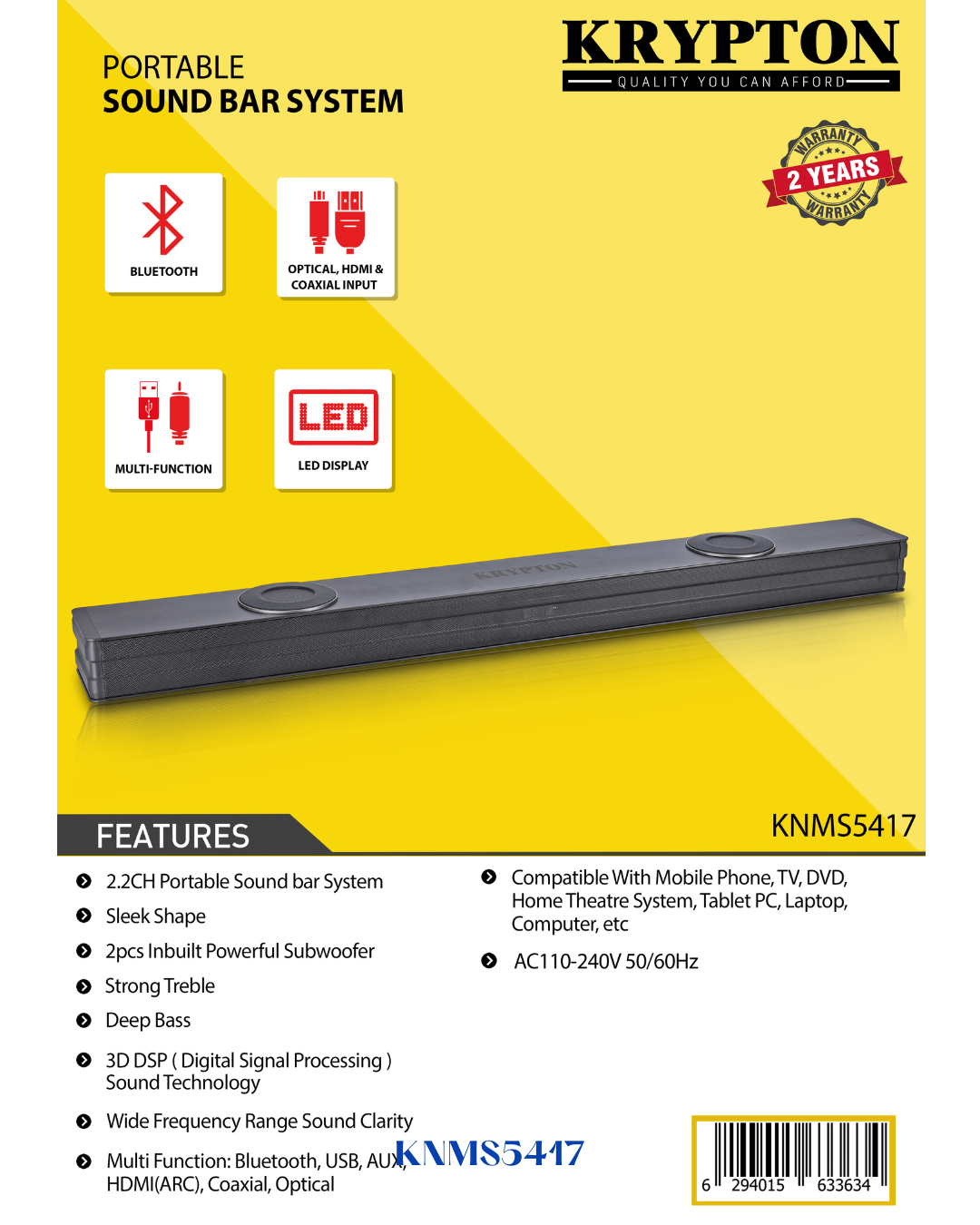 KRYPTON PORTABLE SOUND BAR SYSTEM