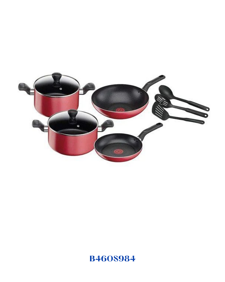 TEFAL SUPER COOK 9 PC SET, NON-STICK, THERMO-SIGNAL, RED