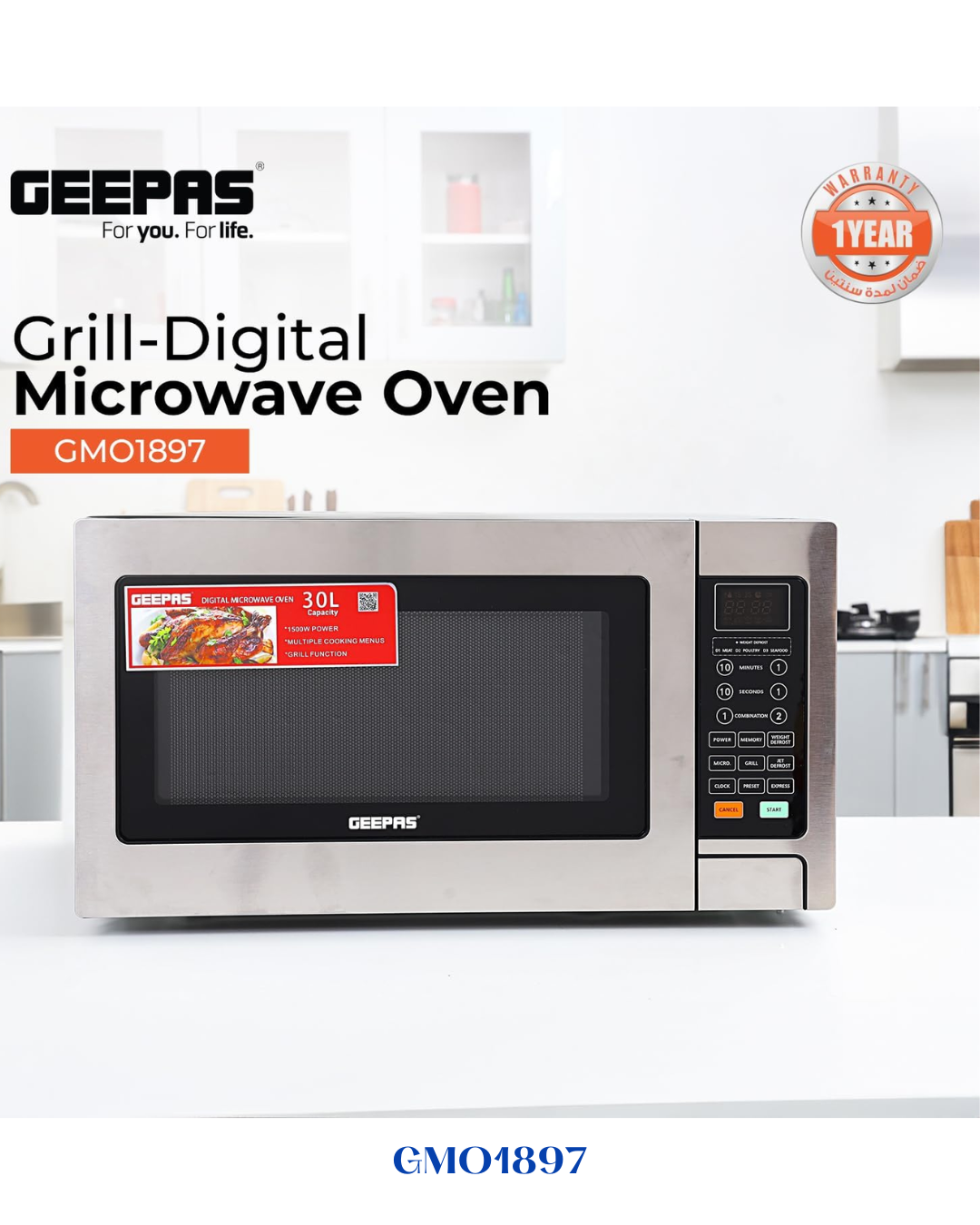GEEPAS DIGITAL MICROWAVE OVEN WITH GRILL 1500W-30L