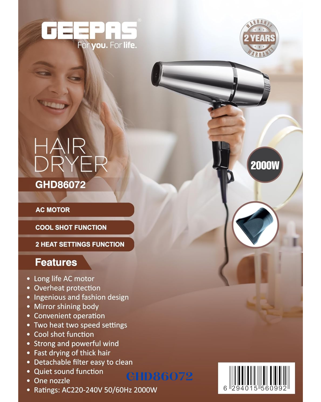 GEEPAS HAIR DRYER 2000W