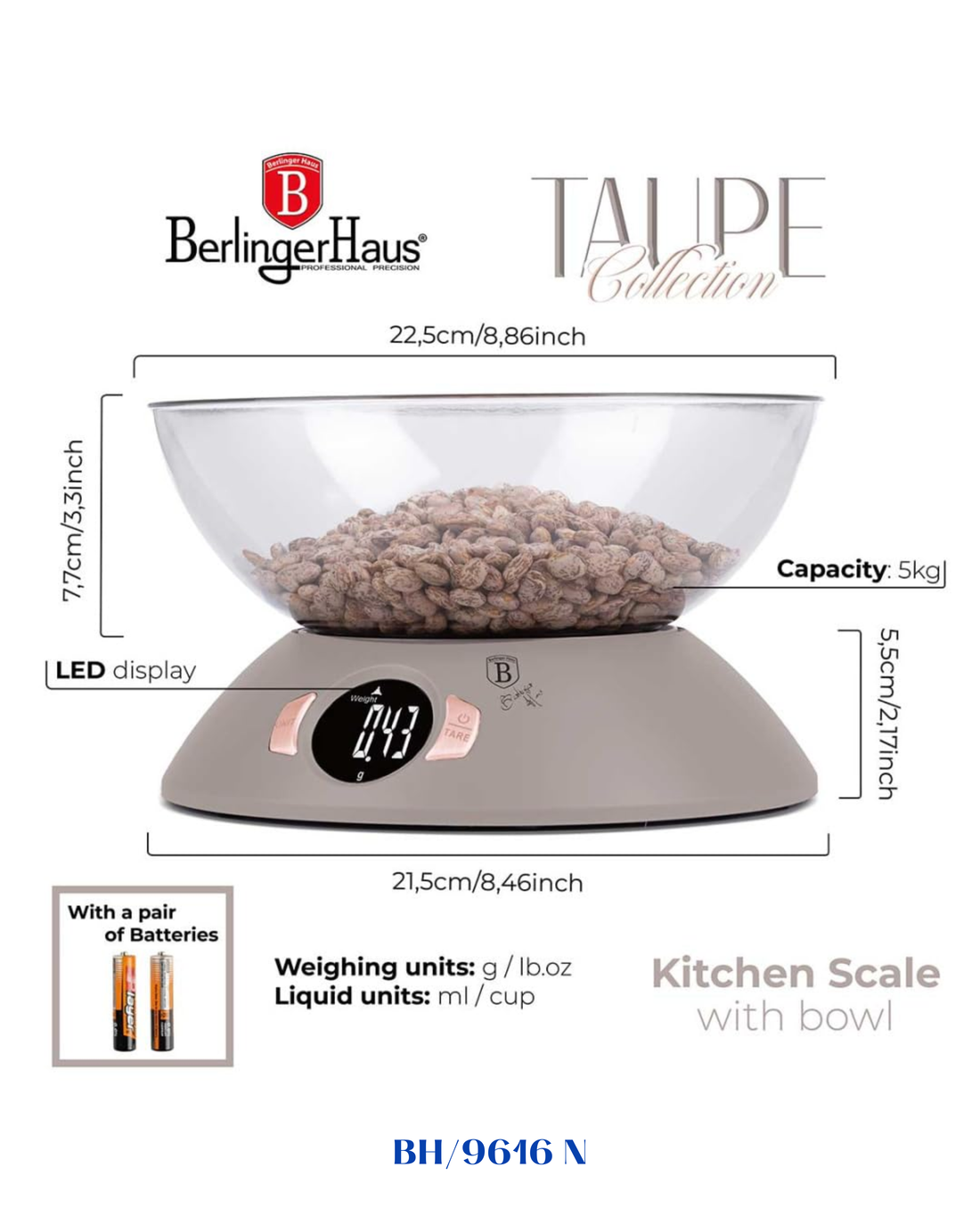 BERLINGER HAUS KITCHEN SCALE WITH BOWL 5KG
